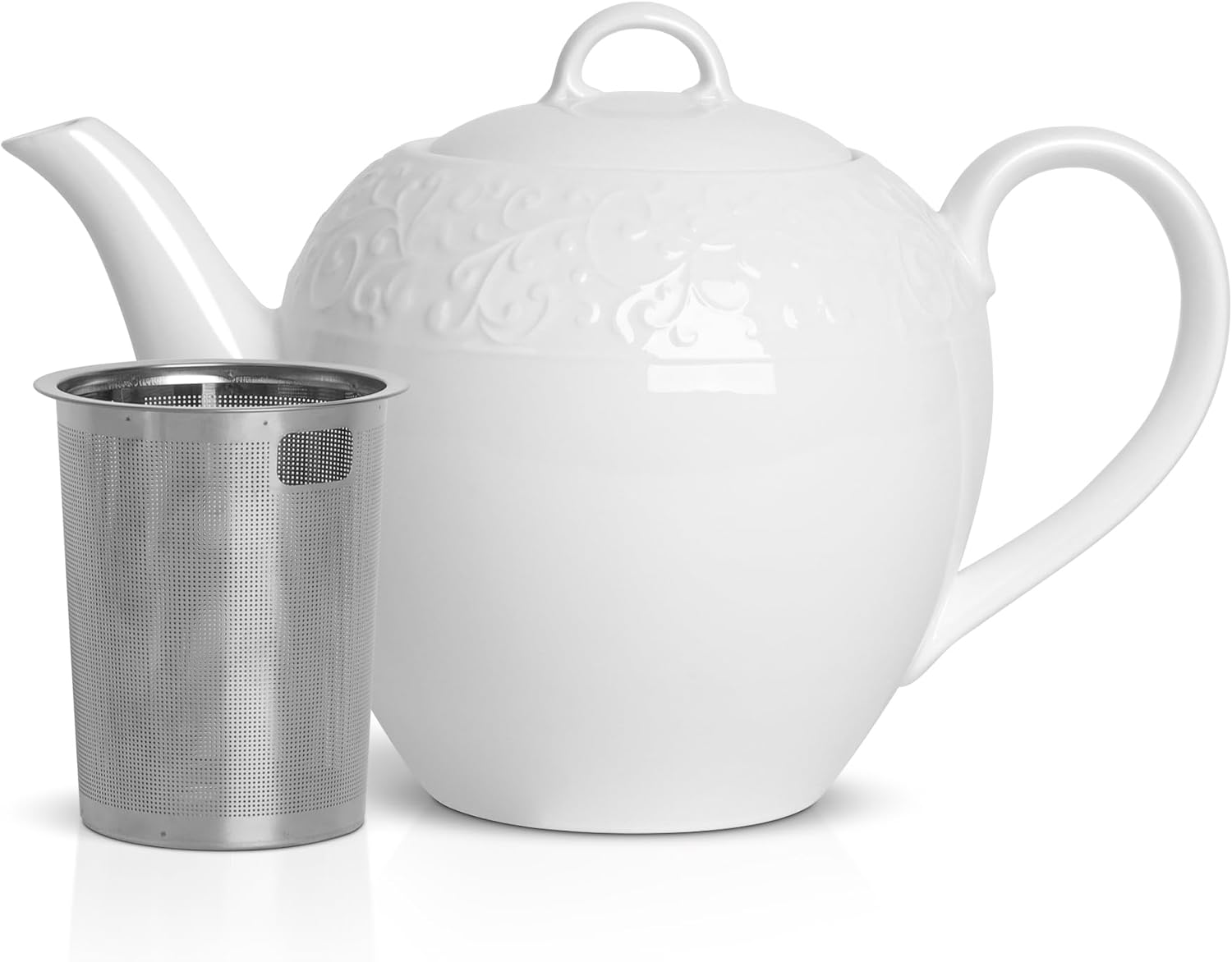 ComSaf Tetera de porcelana con infusor extraíble y tapa de 33.8 fl oz (4-5 tazas), tetera grande con infusor de malla fina de acero inoxidable,