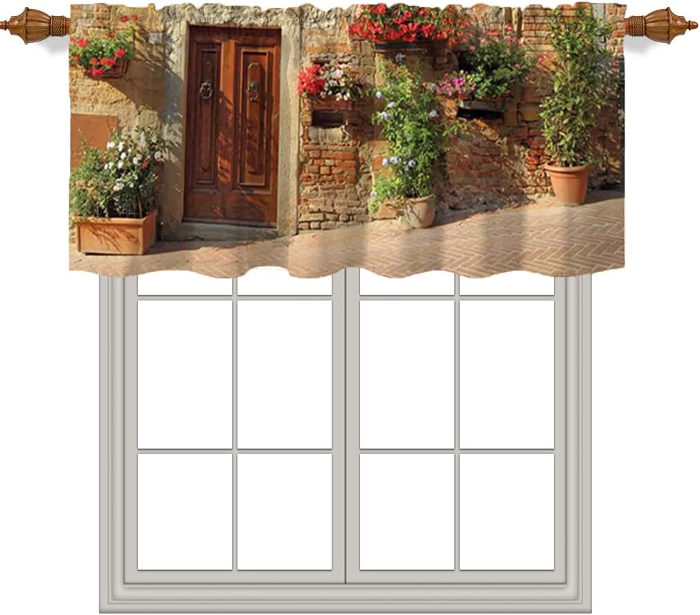 Cortina de cenefa de cocina, patrón toscano floral, bolsillo para cortinero de ventana, para ventanas, dormitorio, baño, 60 x 18 pulgadas, marrón