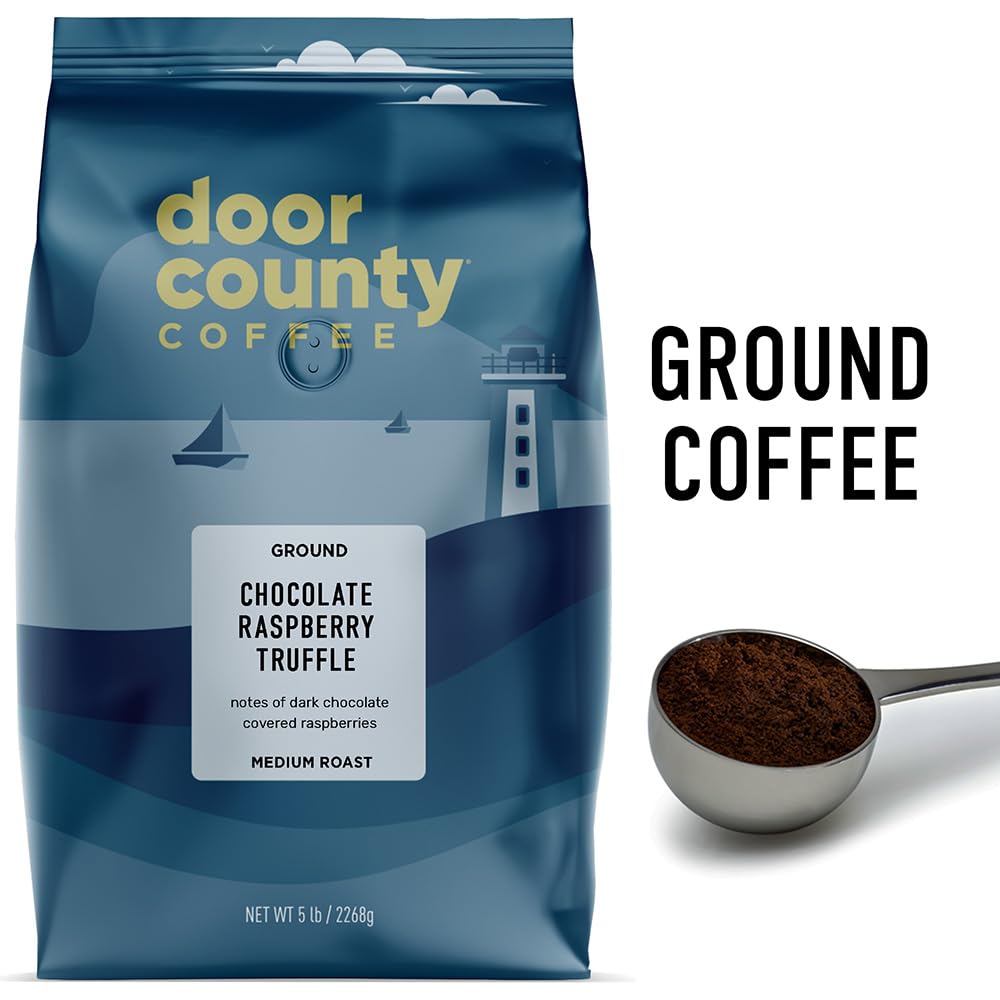Door County Coffee – Café molido con sabor a trufa de chocolate y frambuesa, tostado medio, bolsa de 5 libras
