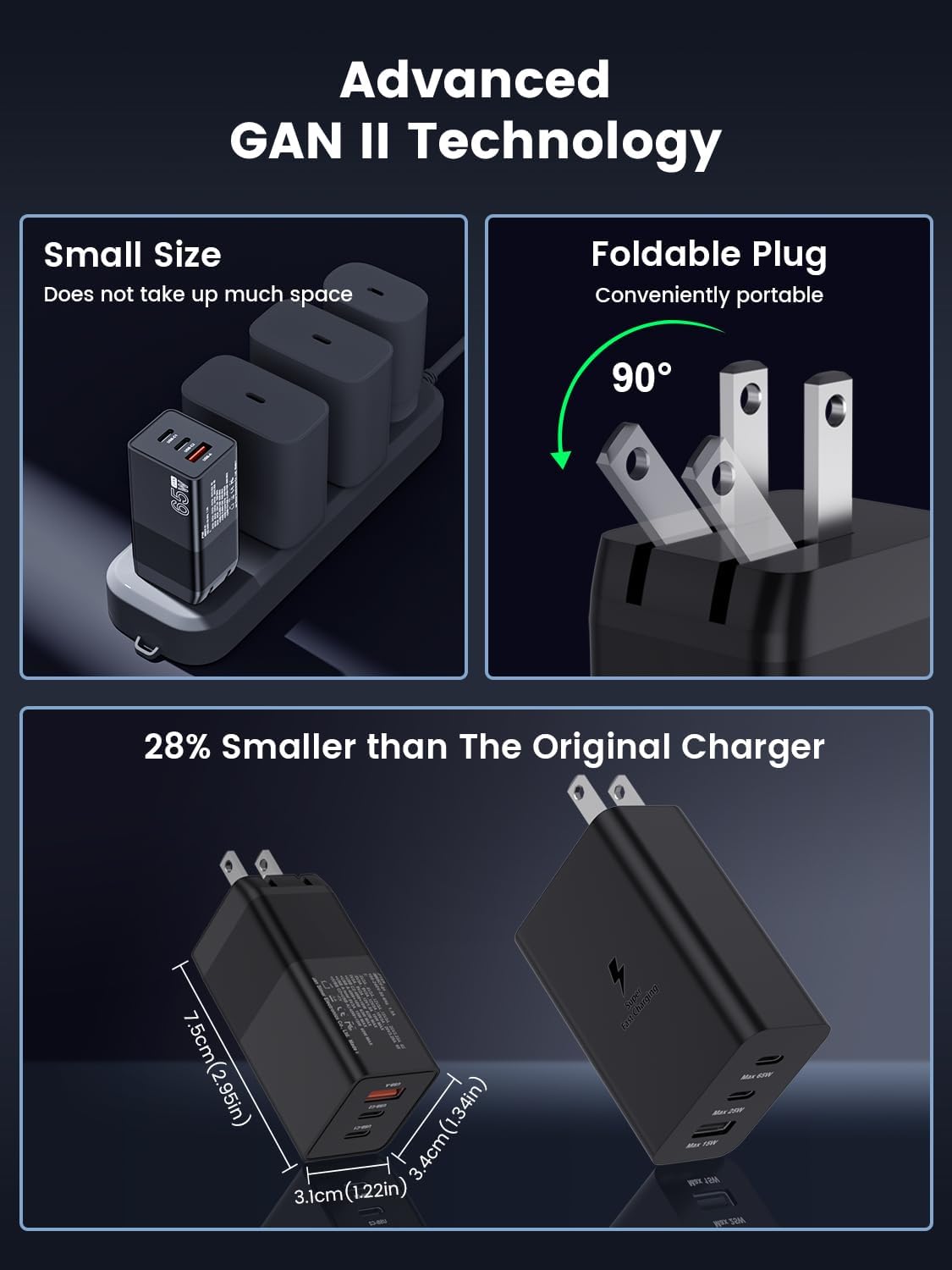 Cargador GaN máximo de 65 W, cargador de pared USB C de 3 puertos, carga rápida, compatible con Samsung Galaxy S23 Ultra S23 S23+ S22 S22 Ultra S22+