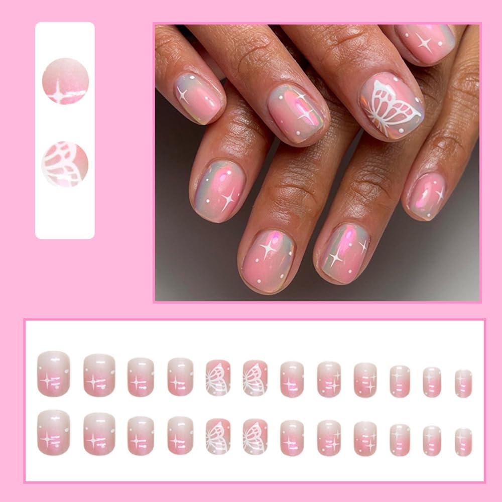 Uñas postizas cortas cuadradas a presión, uñas postizas con pegamento en polvo Aurora, uñas acrílicas con diseños de estrellas de mariposa, uñas
