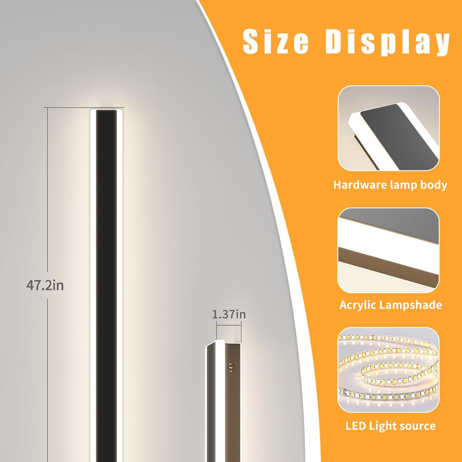 Daoseolo Moderno aplique de pared LED de 47 pulgadas, aplique de pared impermeable IP65 con 3 modos de iluminación (3000 K4500 K6000 K), aplique de