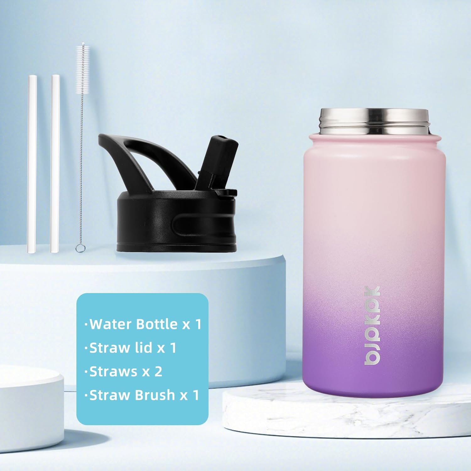 BJPKPK Botella de agua con tapa con pajilla, botella de agua aislada de 15 onzas, botellas de agua de metal de acero inoxidable, termos