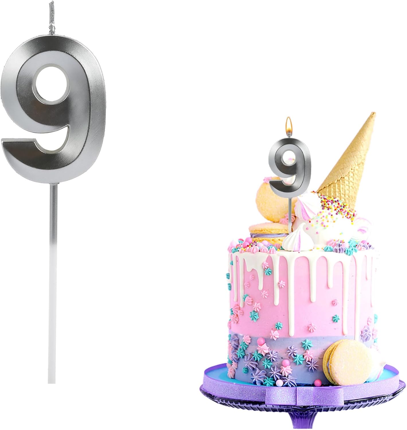 Vela de cumpleaños de plata con el número 9 para pastel, vela de cumpleaños, vela número 9, velas de número 9, diseño 3D, para cumpleaños, boda,