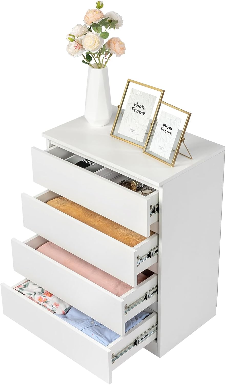 Karl home Cómoda blanca de 4 cajones para dormitorio, cómoda de madera con cajones profundos, cómoda alta con asas recortadas, cómoda de madera