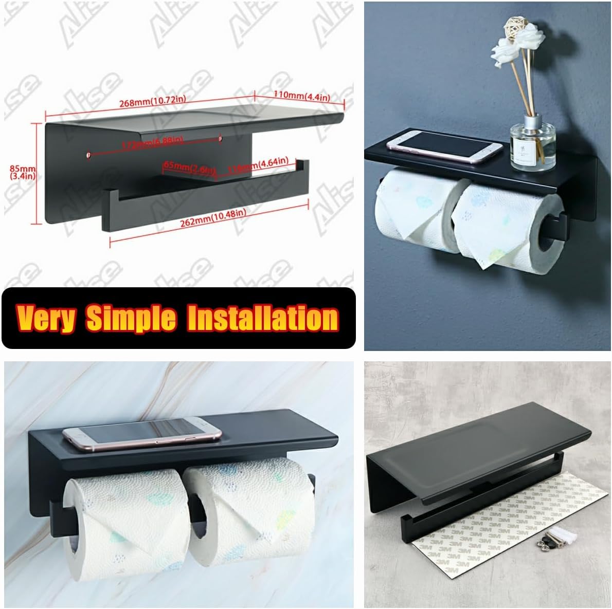 Alise Soporte doble de papel higiénico, soporte de papel higiénico de baño con estante, dispensador de almacenamiento de rollos de papel higiénico
