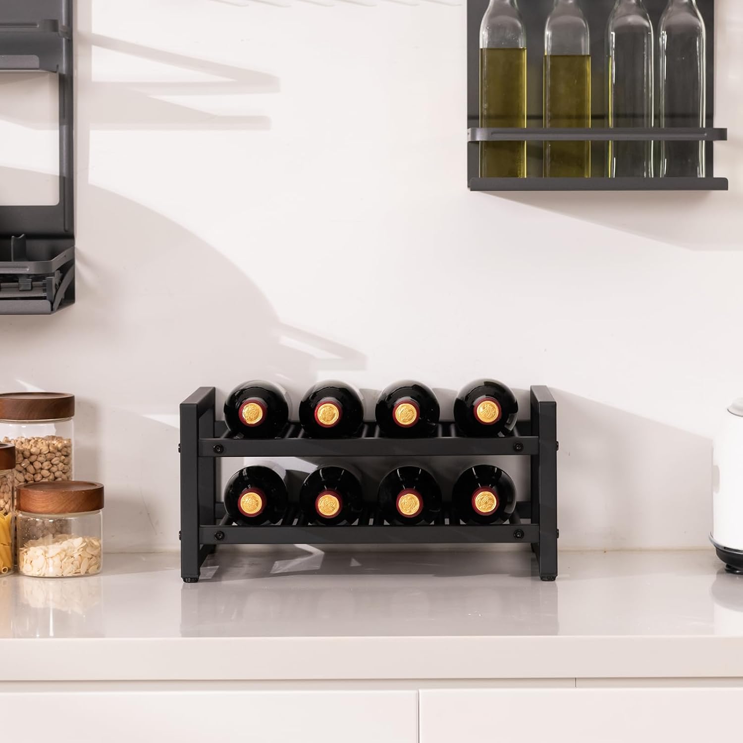 GOFLAME Estante de vino de 2 niveles, estante de exhibición de vino de encimera independiente con almohadillas ajustables para los pies, superficie