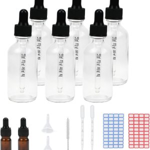 Botella cuentagotas transparente de 2 onzas, 6 botellas redondas de vidrio con cuentagotas Boston y 2 cuentagotas de ojos medidos de 0.17 onzas Botella cuentagotas transparente de 2 onzas, 6 botellas redondas de vidrio con cuentagotas Boston y 2 cuentagotas de ojos medidos de 0.17 onzas