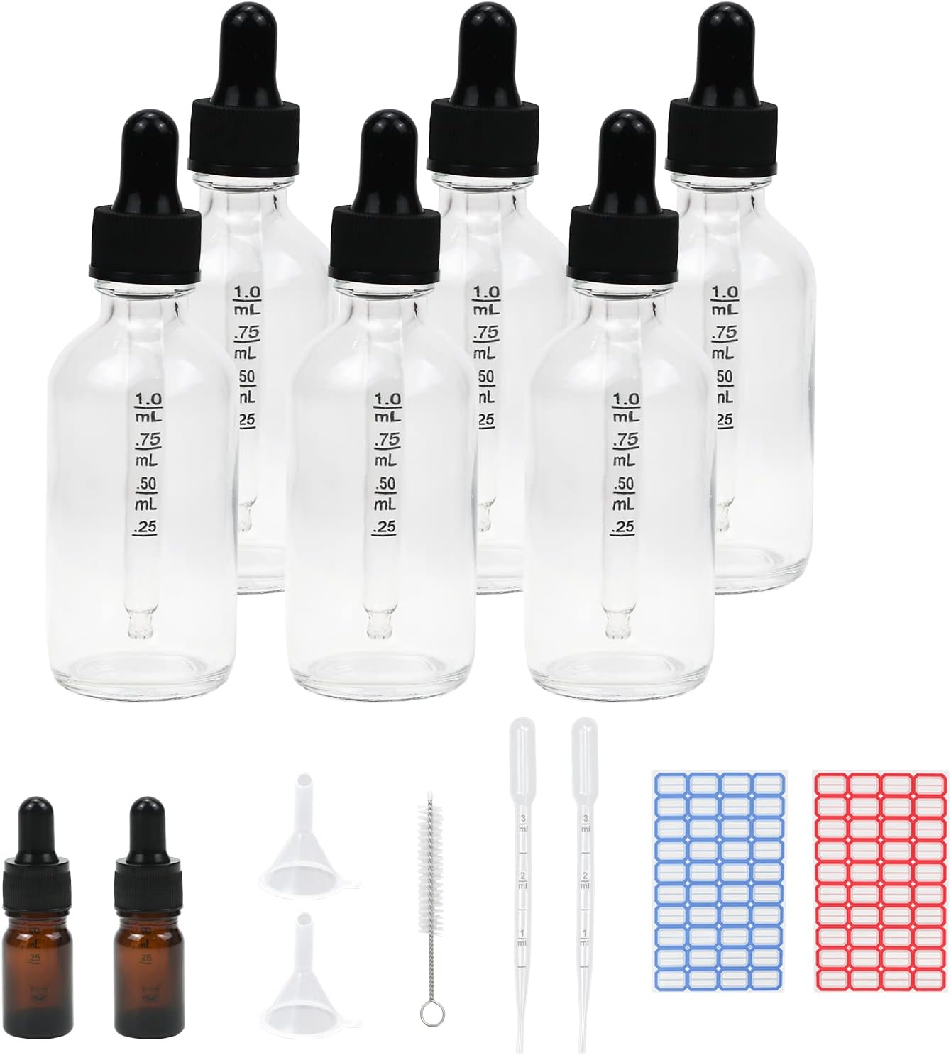 Botella cuentagotas transparente de 2 onzas, 6 botellas redondas de vidrio con cuentagotas Boston y 2 cuentagotas de ojos medidos de 0.17 onzas