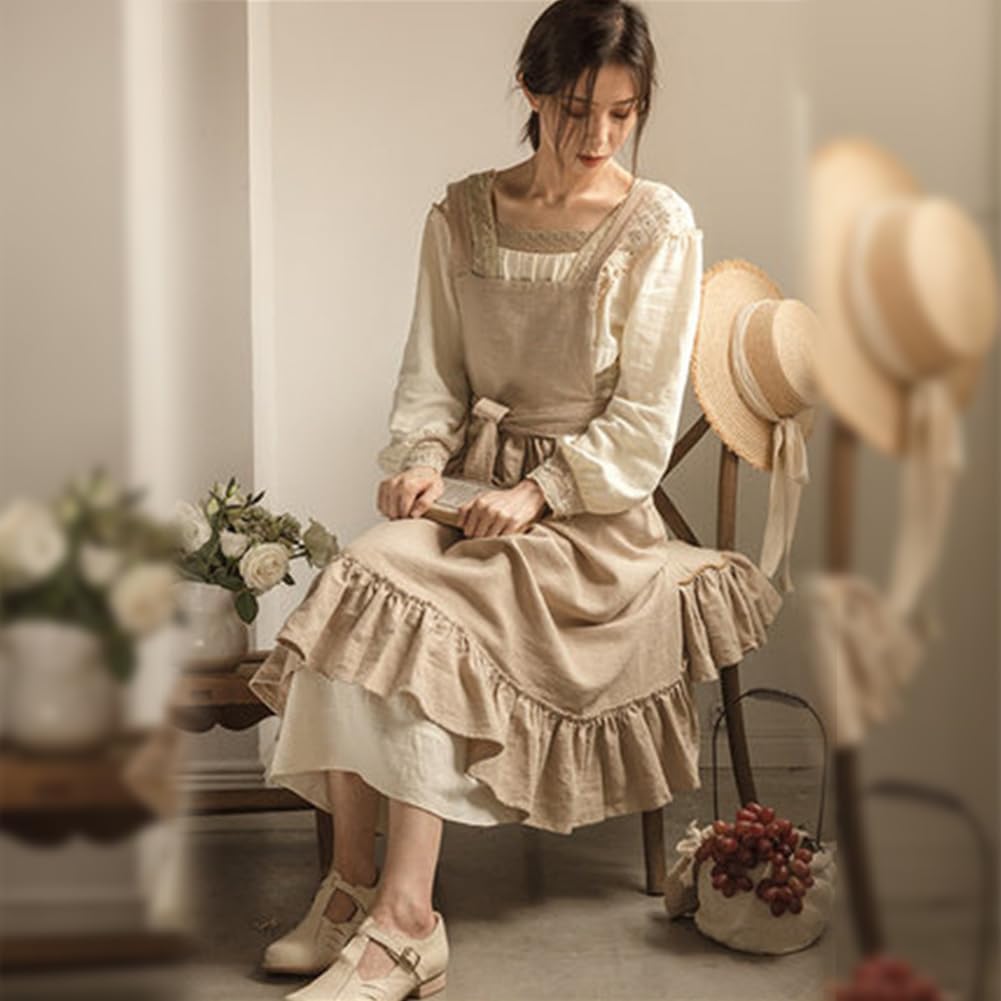 OBEEII Delantal de lino de algodón para mujeres y niñas, vintage, para hornear, cocinar, jardinería, trabajo, delantal, vestido con bolsillos