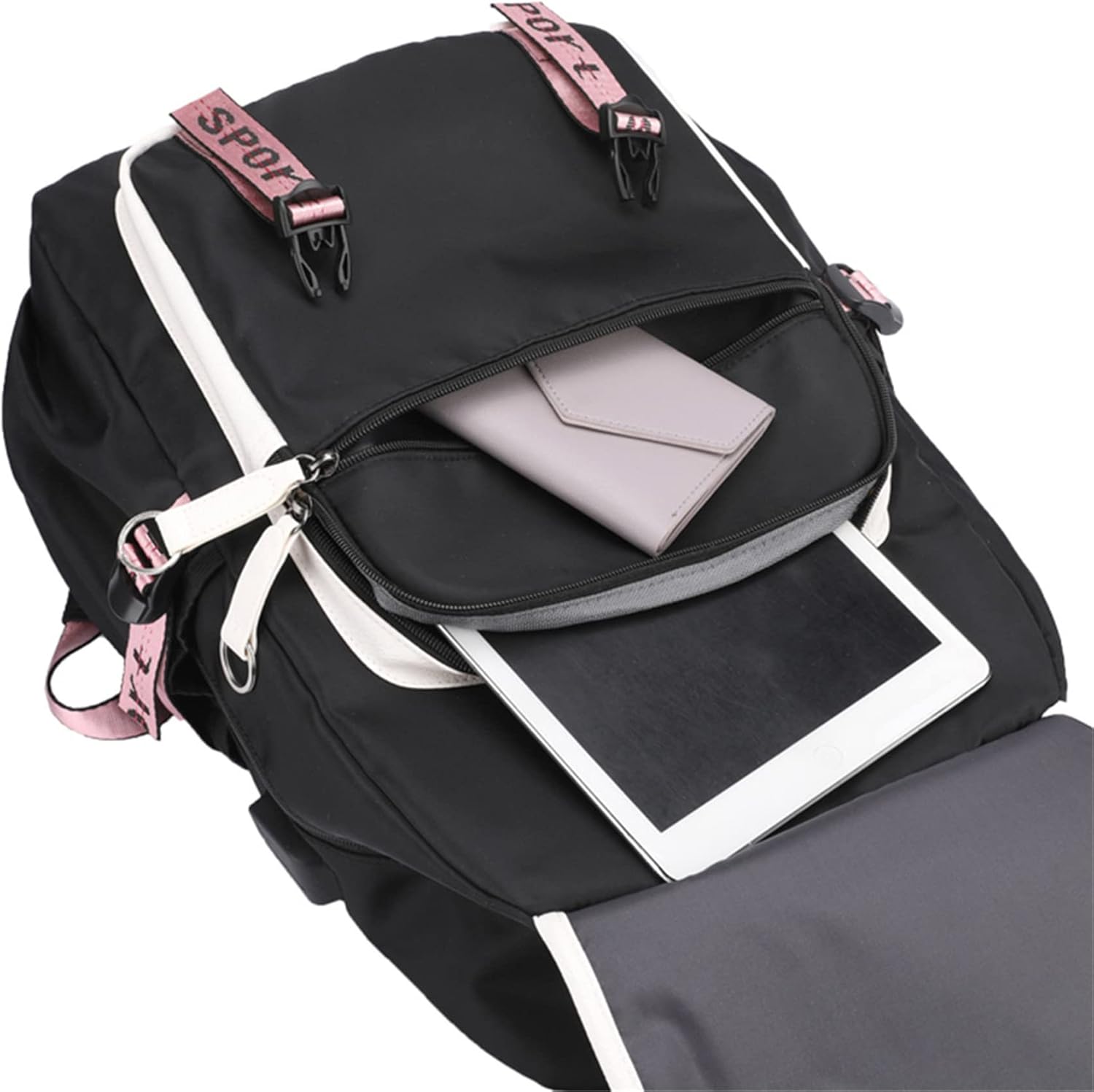 Bolsa de libros con puerto de cargador USB, bolsa casual para computadora portátil, mochila de viaje con gráficos de anime, blanco2, Mochilas Daypack