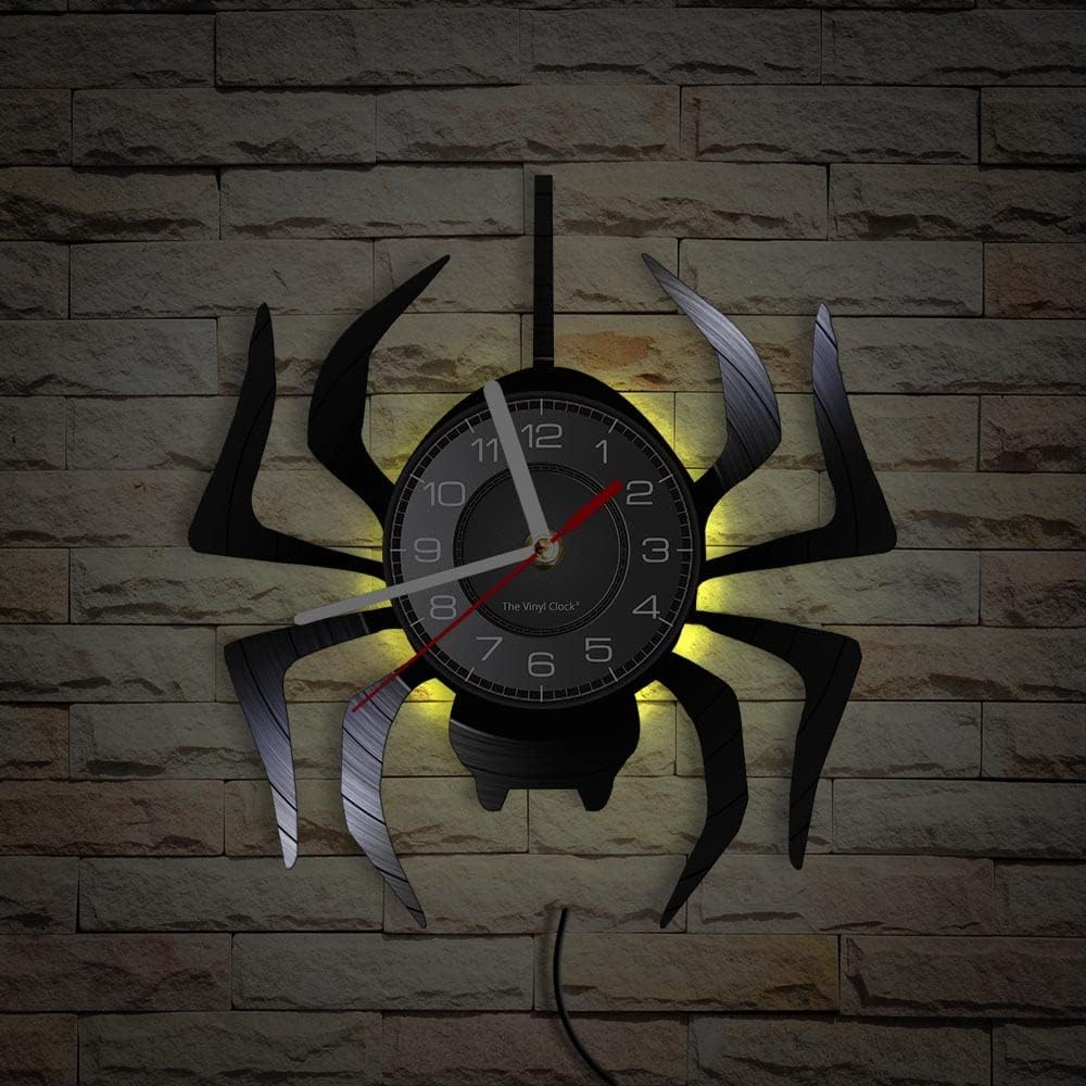 Timethink Reloj de pared LED de araña negra de 12 pulgadas con 7 colores cambiantes, tarántula silenciosa, cuarzo, sin tictac, reloj de pared,