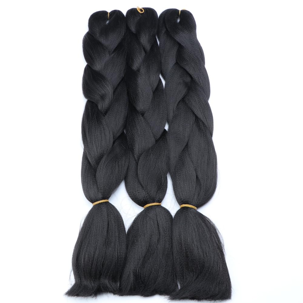 Extensiones de cabello de trenzas jumbo, 3 unidades, color negro puro, 24 pulgadas, 3.53 ozunidad para trenzado de caja torcida (1B negro)