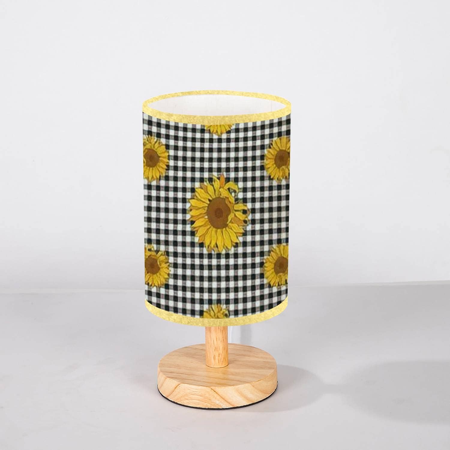 Lámpara minimalista para mesita de noche, girasoles brillantes, a cuadros de búfalo blanco y negro, a cuadros, sin costuras, floral, de madera,