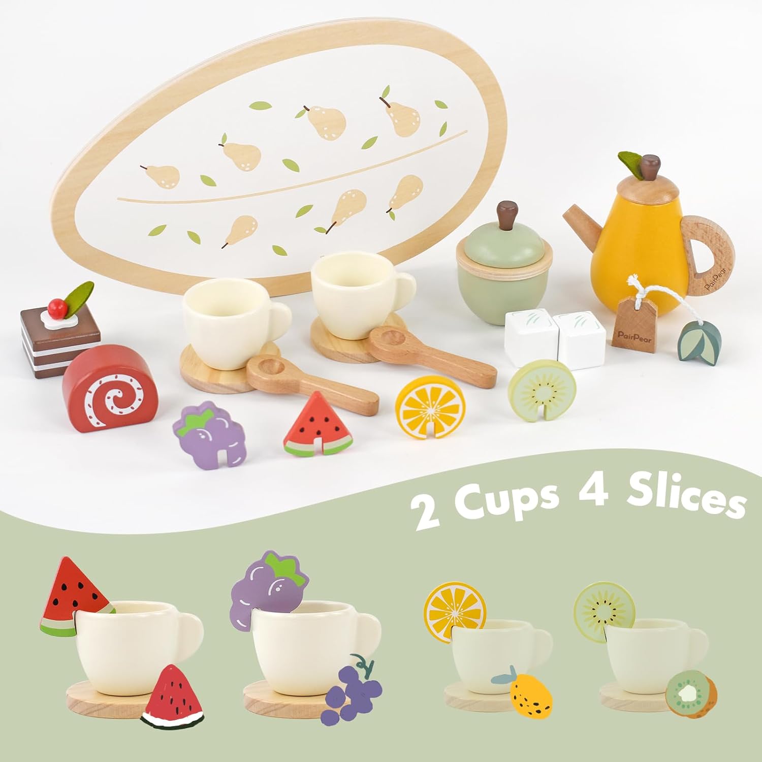PairPear Juego de juguetes de madera para fiestas de té, juego de té para niñas pequeñas, accesorios de cocina para niños, juguetes de comida de