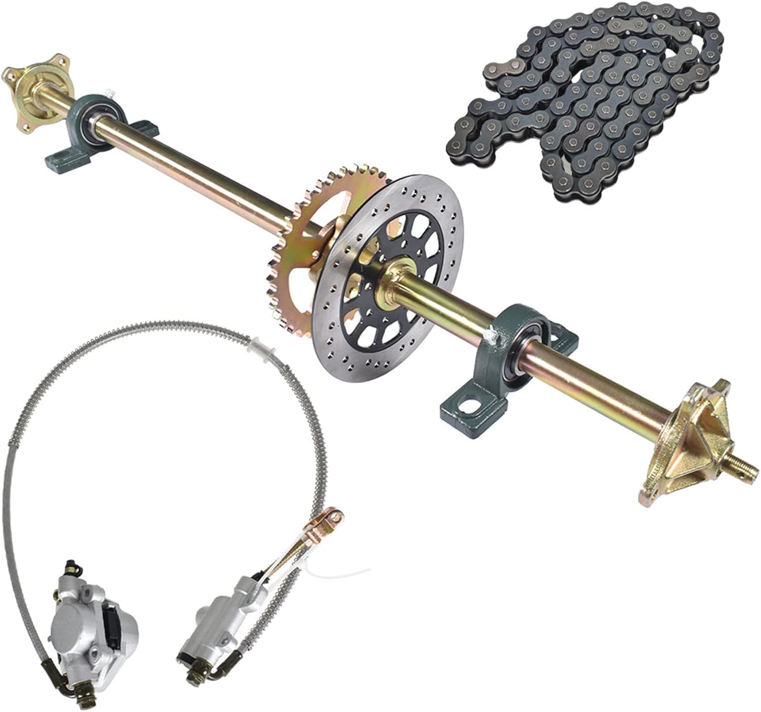 Kit de eje trasero Go Kart de 44 pulgadas con bloque de almohada + piñón + disco de freno + buje + cadena + cilindro maestro de freno de repuesto