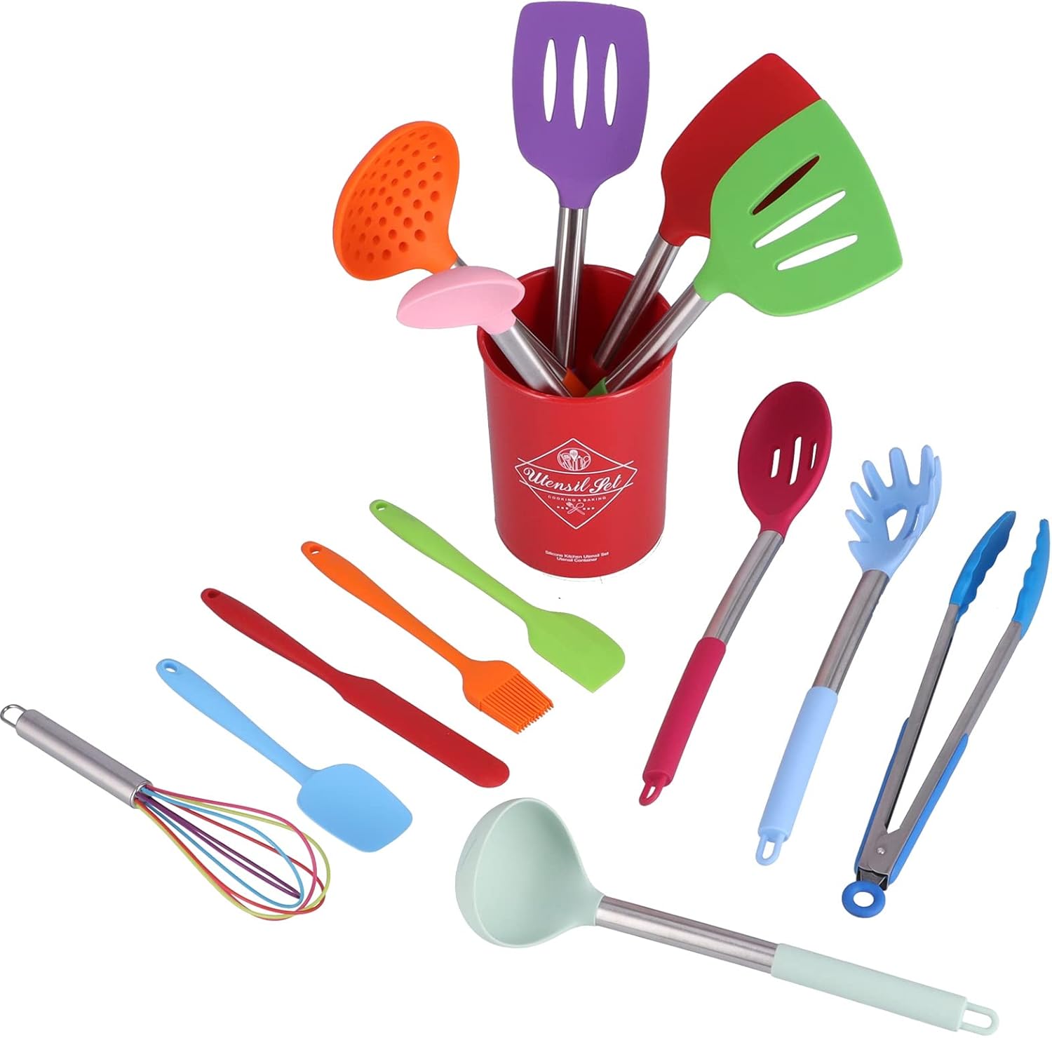 Juego de utensilios de cocina de silicona de 15 piezas con mango de acero inoxidable resistente al calor con soporte para cocinar utensilios de