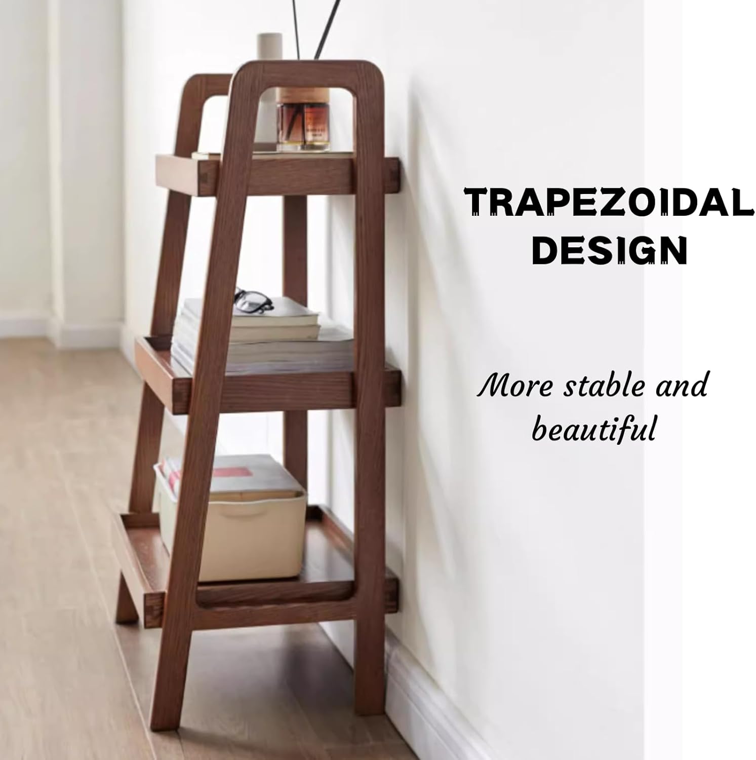 Vadisun Estantería de escalera de madera de roble macizo 100%, estantería de almacenamiento de piso con diseño de deflector de cuatro lados, mesa