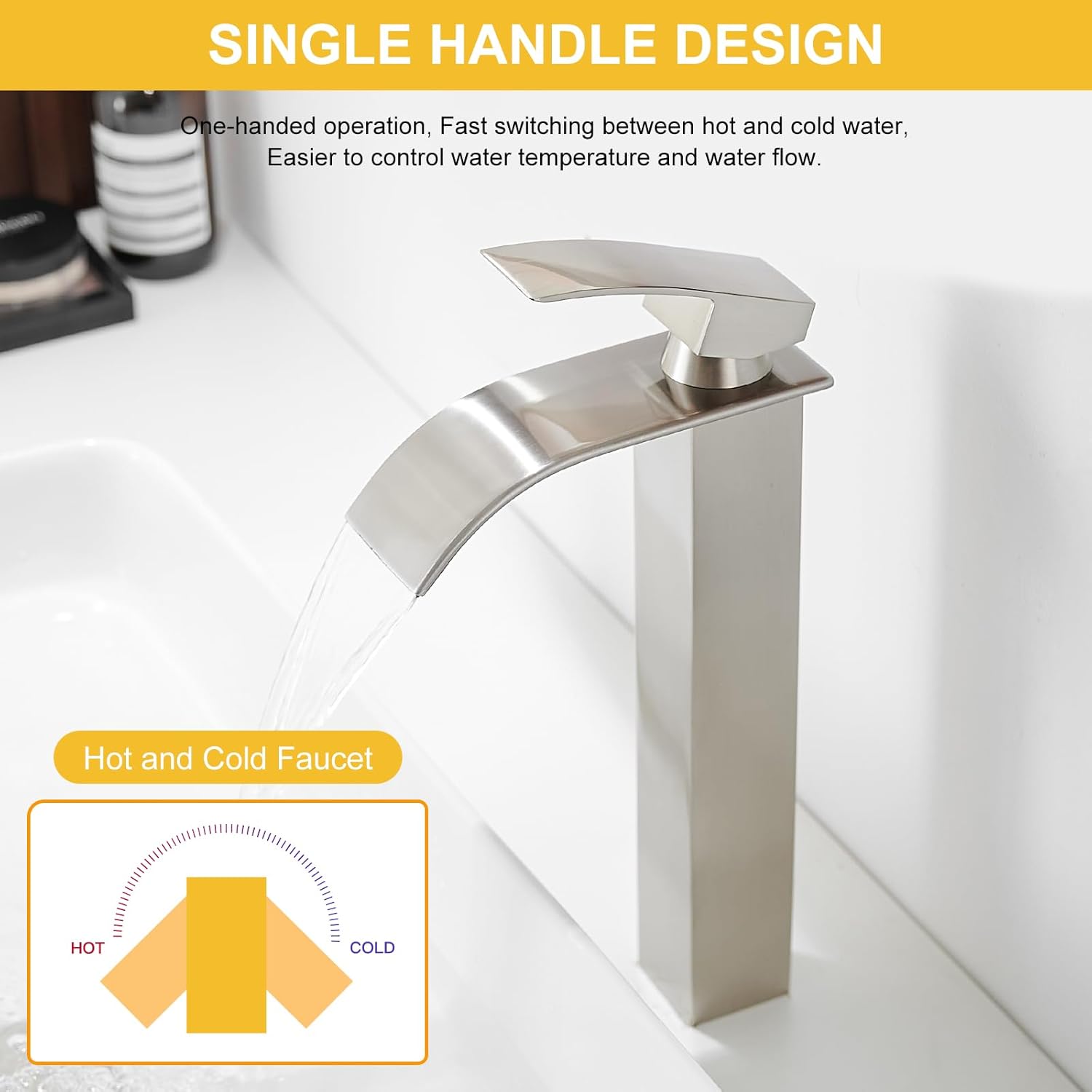 BESy grifo de baño de cascada de níquel cepillado, de una sola llave alta, grifo de lavabo de baño con placa de cubierta, latón macizoníquel