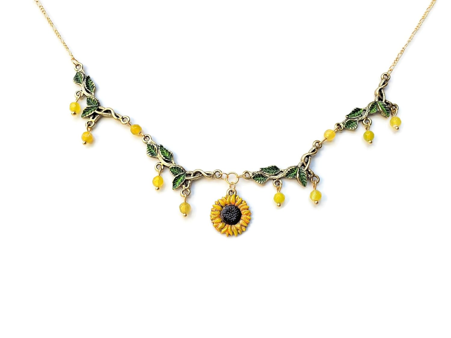 Green Leaf and Sunflower Necklace wAgate Bead Dangle – Hand Painted Sunny, Golden Yellow Flower and Leafy Green Necklace – Nature Colors Jewelry