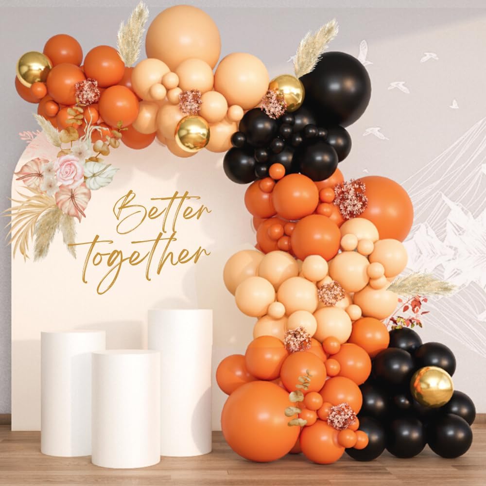Kit de arco de guirnalda de globos de color naranja y negro dorado, 150 globos para otoño, cumpleaños, calabaza, baby shower, despedida de soltera,