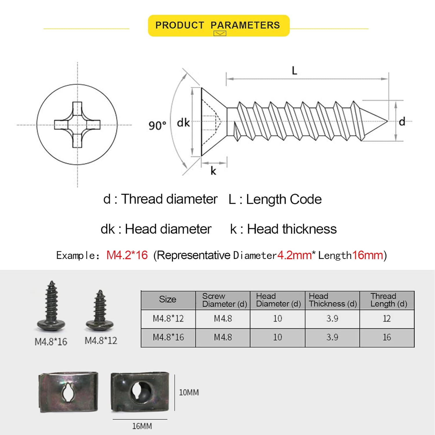 Minho 200 clips de cinta en U automotriz con tornillo autorroscante, 50 tornillos autorroscantes #10 x 12 pulgadas + 50 tornillos autorroscantes #10