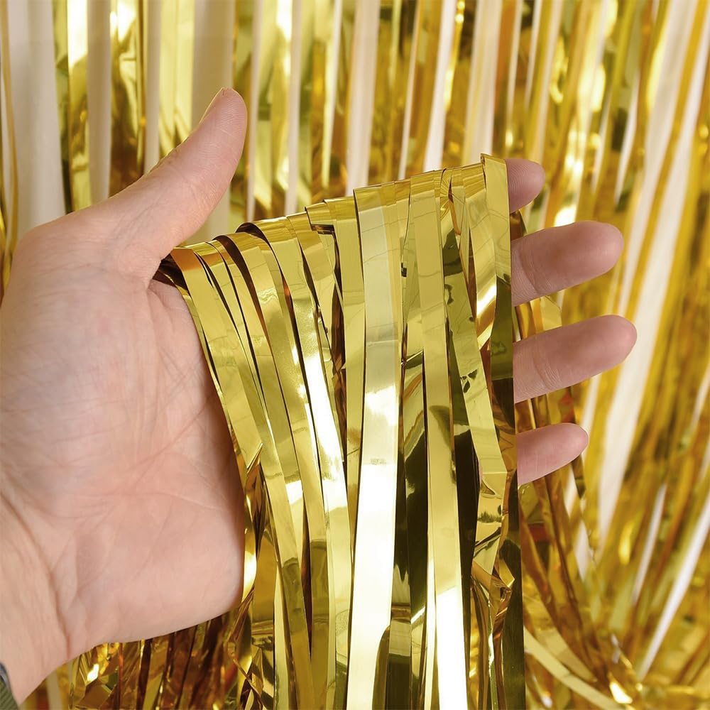 Paquete de 3 cortinas de flecos de papel de aluminio dorado de 3.3 x 6.6 pies, cortinas de fondo para decoraciones de fiesta doradas, bodas,