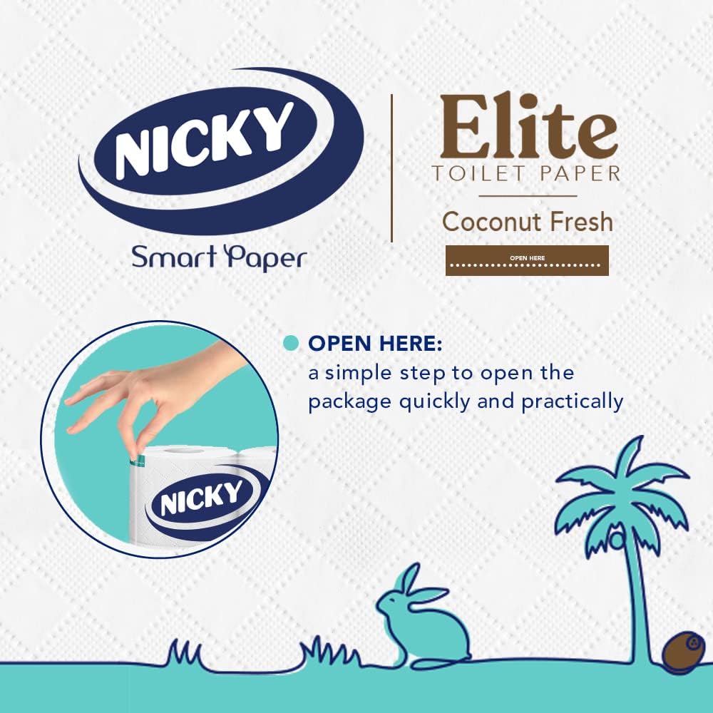 Nicky Elite Coconut Fresh – Papel higiénico con 45 rollos de papel higiénico blanco, 168 hojas por rollo, 3 capas, aroma exótico de coco, suavidad y