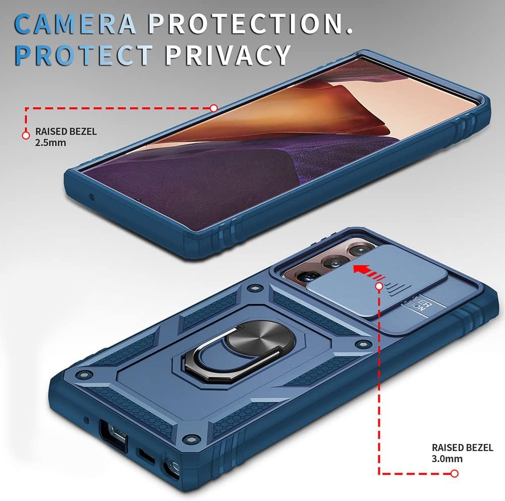 Funda para Samsung Galaxy Note 20 Ultra con cubierta deslizante para cámara y ranura para tarjeta y soporte de anillo, a prueba de golpes, grado
