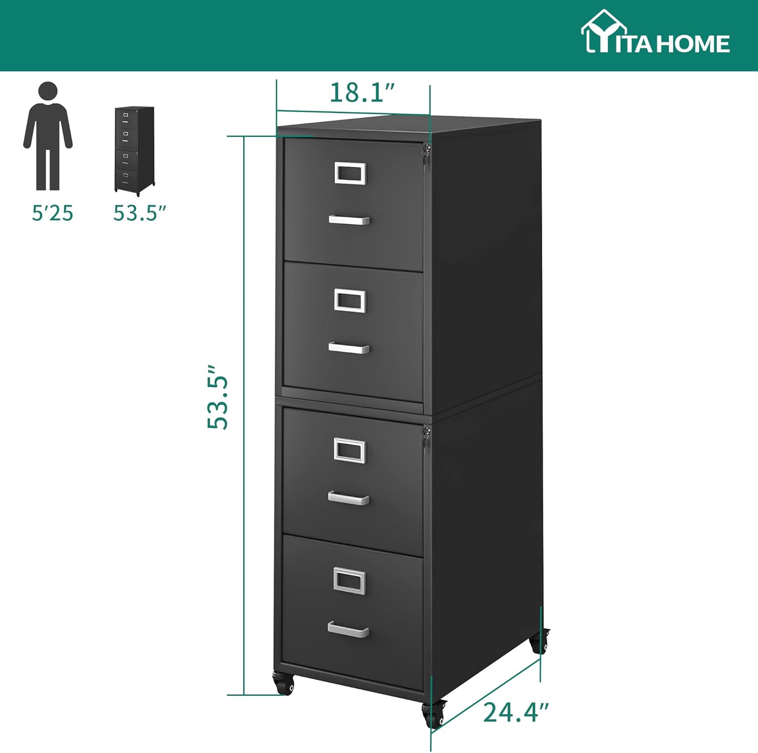 YITAHOME Archivador vertical, gabinete de almacenamiento de oficina desmontable de 4 cajones con cerradura, archivador de metal móvil debajo del