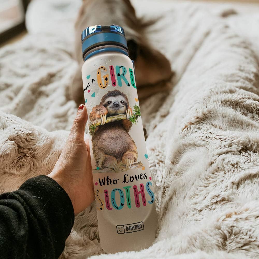 64HYDRO Botella de agua motivacional de 32 onzas con marcador de tiempo, inspiración para amantes de los perezosos Just A Girl Who Loves Sloths