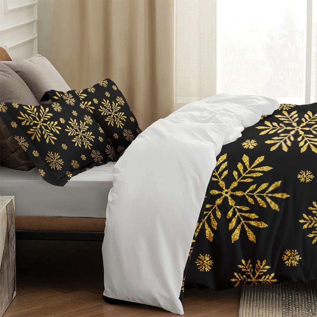 Juego de funda de edredón, diseño de copos de nieve dorados para niños y adultos, decoración de dormitorio, juego de funda de edredón de Navidad con