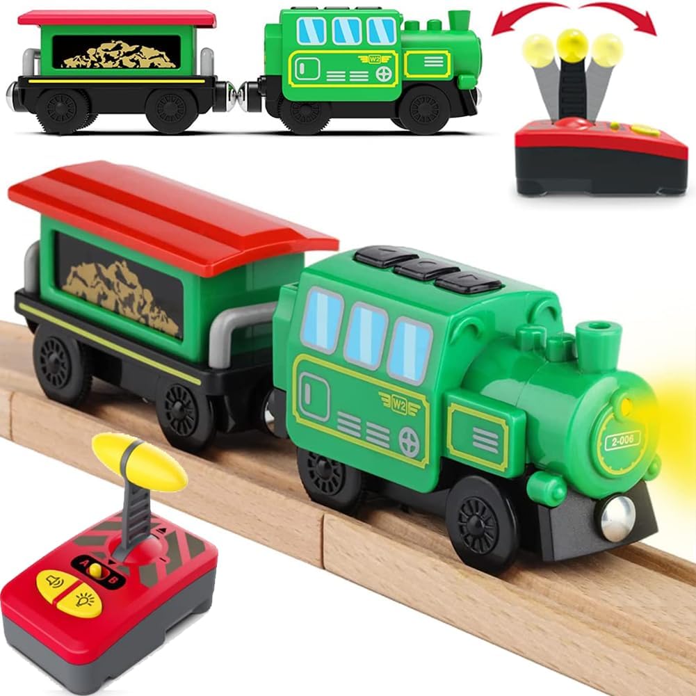 Tren motorizado para pista de madera, tren de locomotora a batería, tren de control remoto para juego de orugas, potentes vehículos de tren de motor