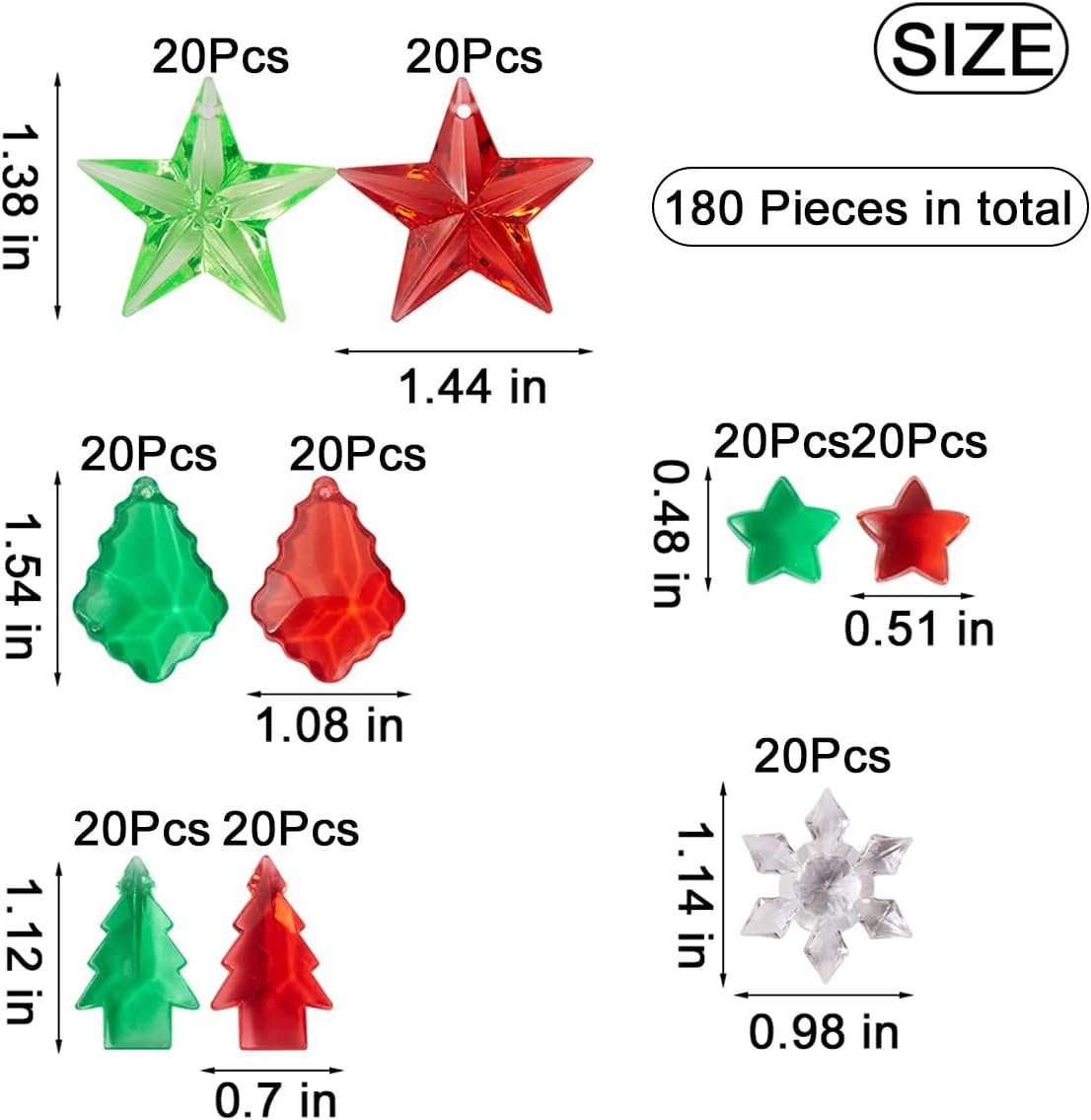 180 piezas de copos de nieve de pino acrílico con forma de estrella, color rojo y verde, gemas de cristal de Navidad para dispersión de mesa,