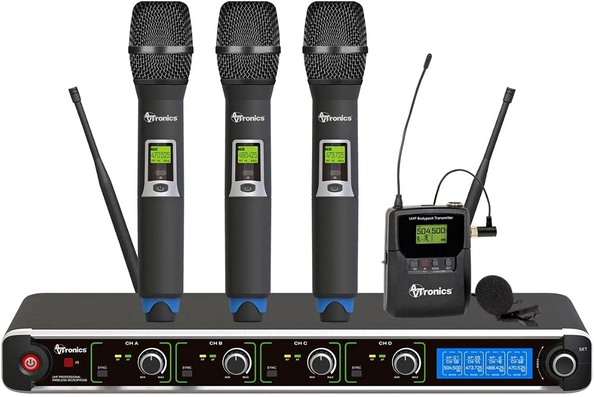 Sistema de micrófono inalámbrico profesional, 200 canales UHF 3 de mano y 1 cinturón y lavalier, sistema de micrófono para habla, canto, eventos,