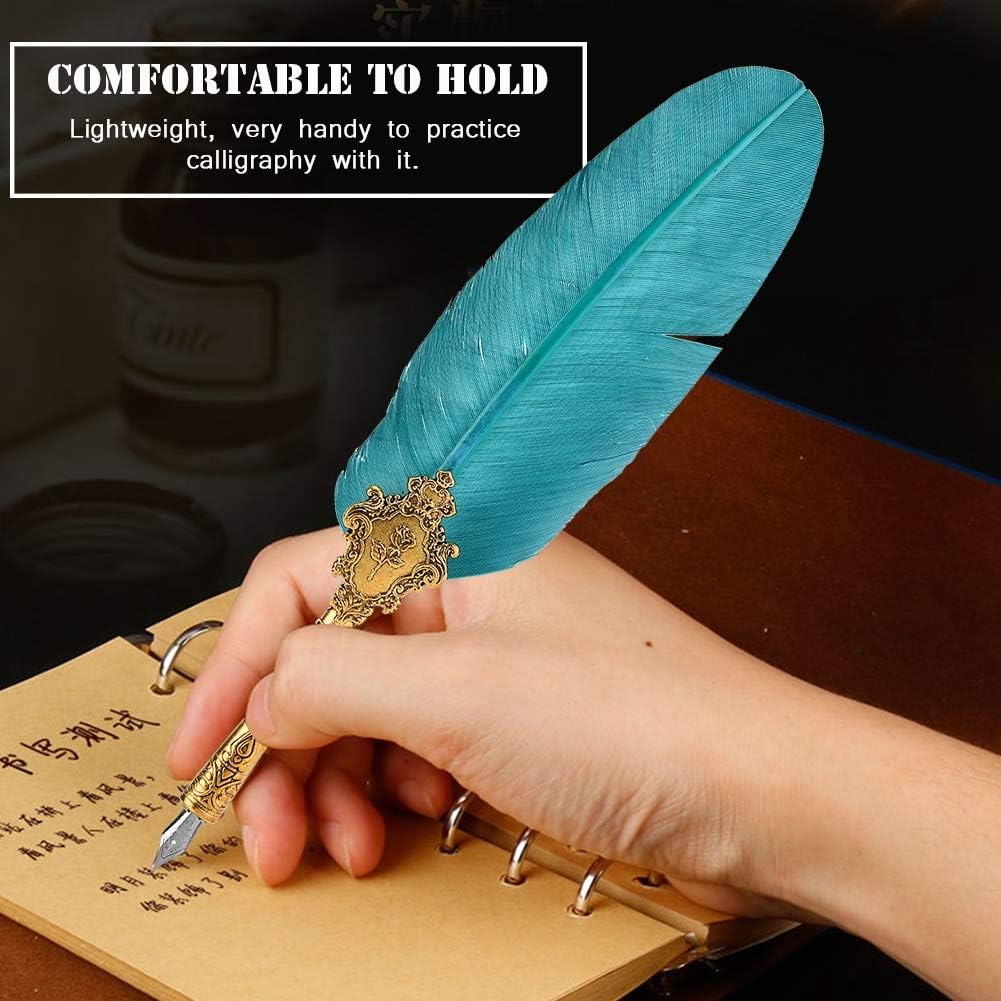 Zerone Juego de plumas retro, pluma estilográfica clásica europea, pluma de pavo real antiguo, pluma de metal con punta de pluma de escritura, caja
