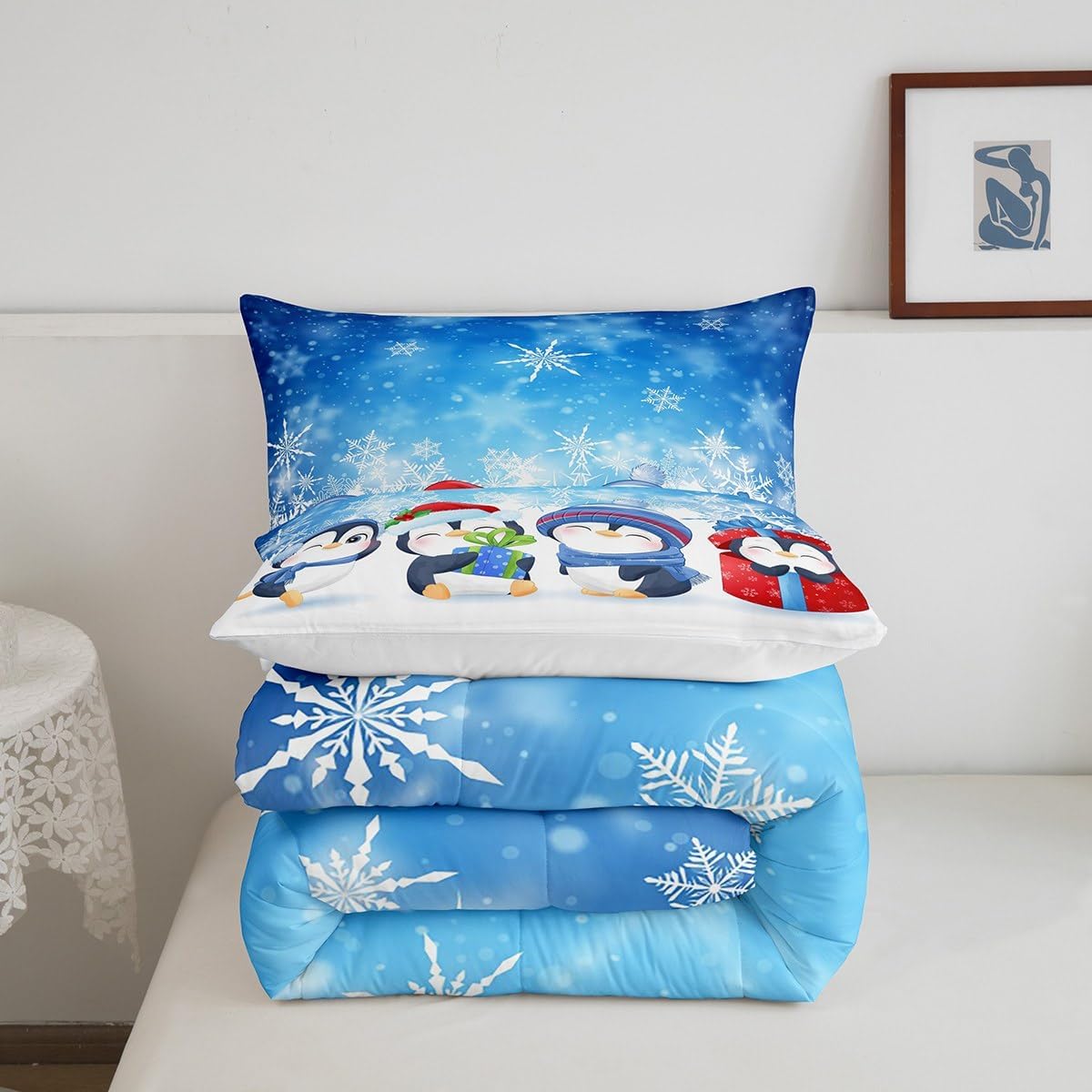Edredón de pingüinos de dibujos animados para niños, tamaño King, edredón de invierno geométrico abstracto con copos de nieve con 2 fundas de