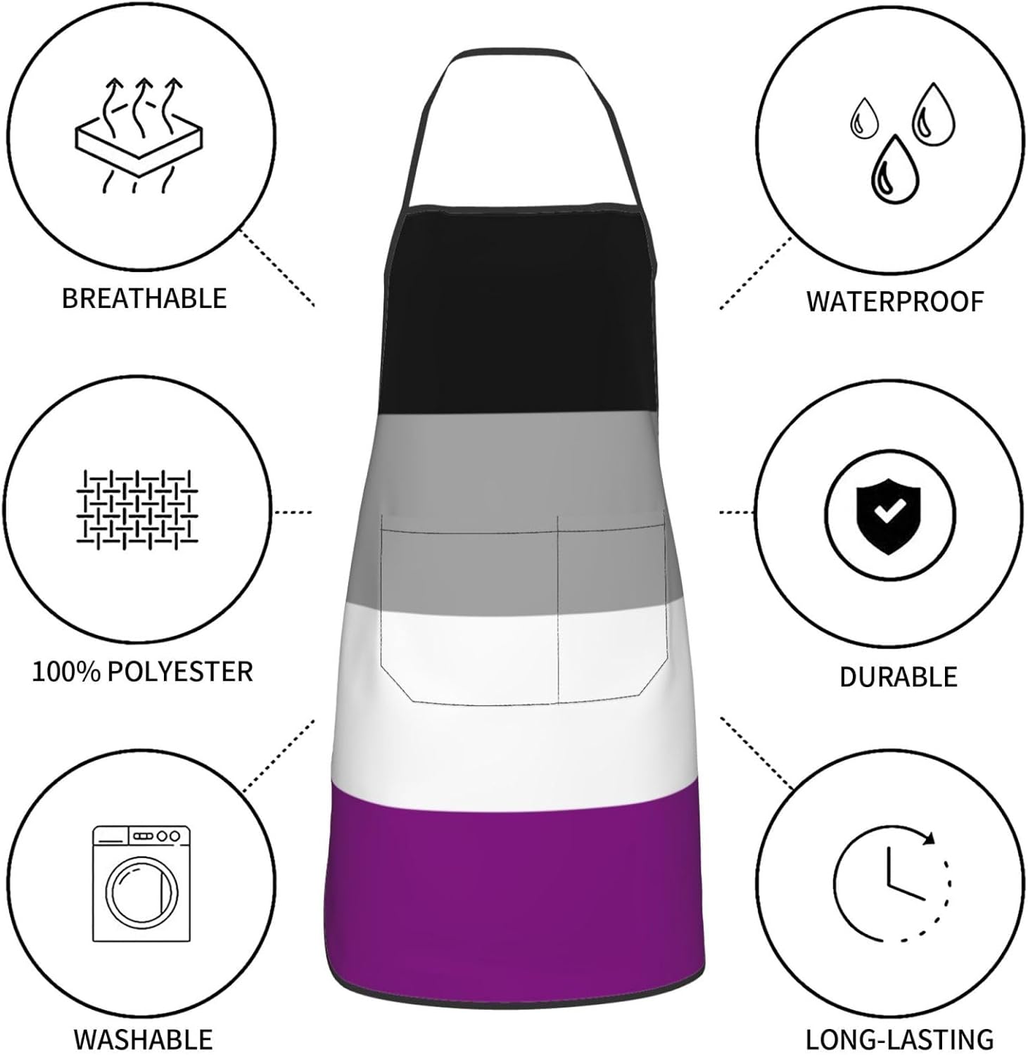 Delantal de bandera del orgullo asexual, impermeable, con bolsillos, delantal de cocina, delantal de chef para hombres y mujeres, Blanco