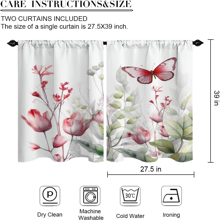 Cortinas de cocina con diseño de flores y mariposas florales, con bolsillo para barra, cortina pequeña para cafetería, juego de 2 paneles de 27.5