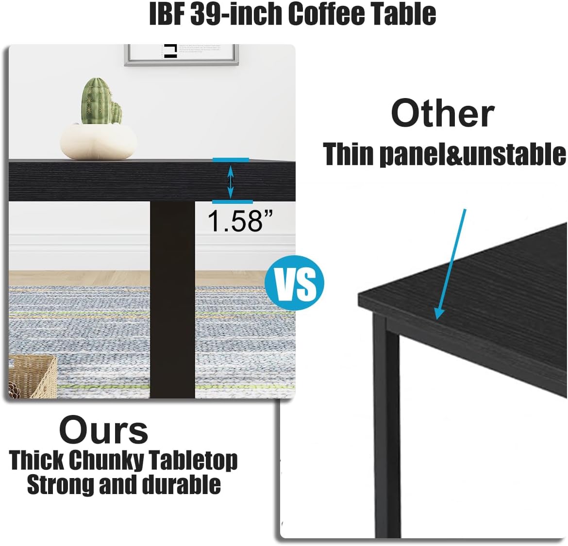 IBF Mesa auxiliar negra, mesa central de madera industrial minimalista, mesa rectangular moderna y sencilla para sala de estar, mesa de café de