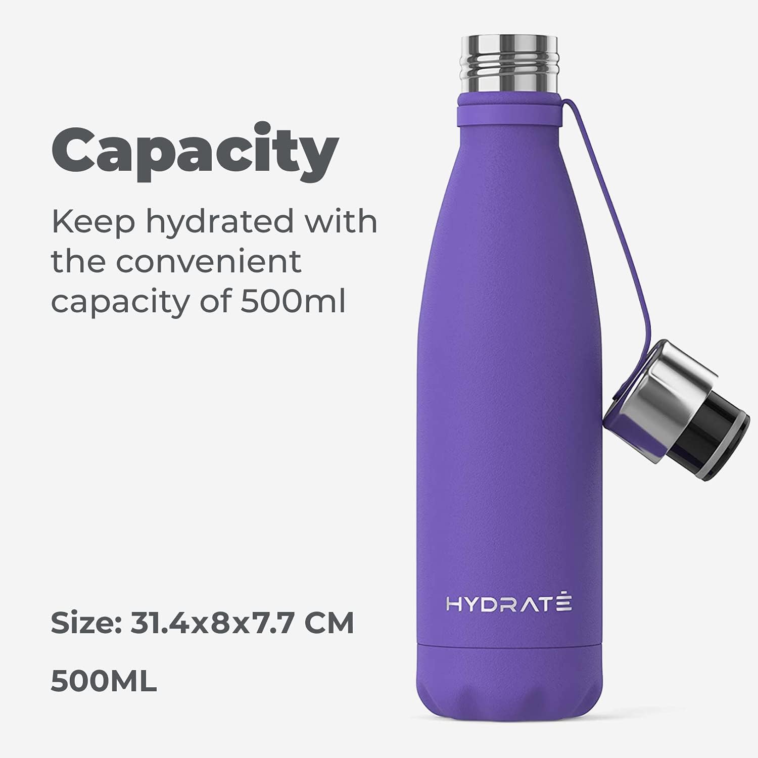HYDRATE Botella de agua de acero inoxidable súper aislada, 16.9 fl oz, ultra violett, botella de agua de metal sin BPA, termo de agua caliente,