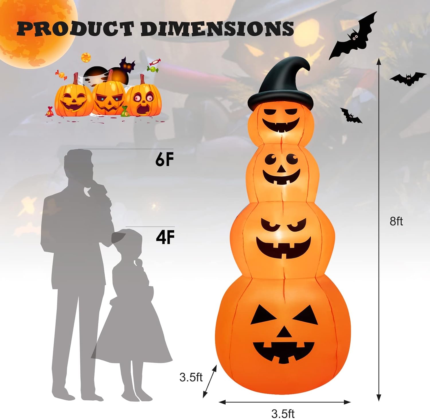 GOFLAME Calabazas inflables apiladas de Halloween de 8 pies con sombrero de bruja, decoración navideña inflable con luces LED integradas, soplador