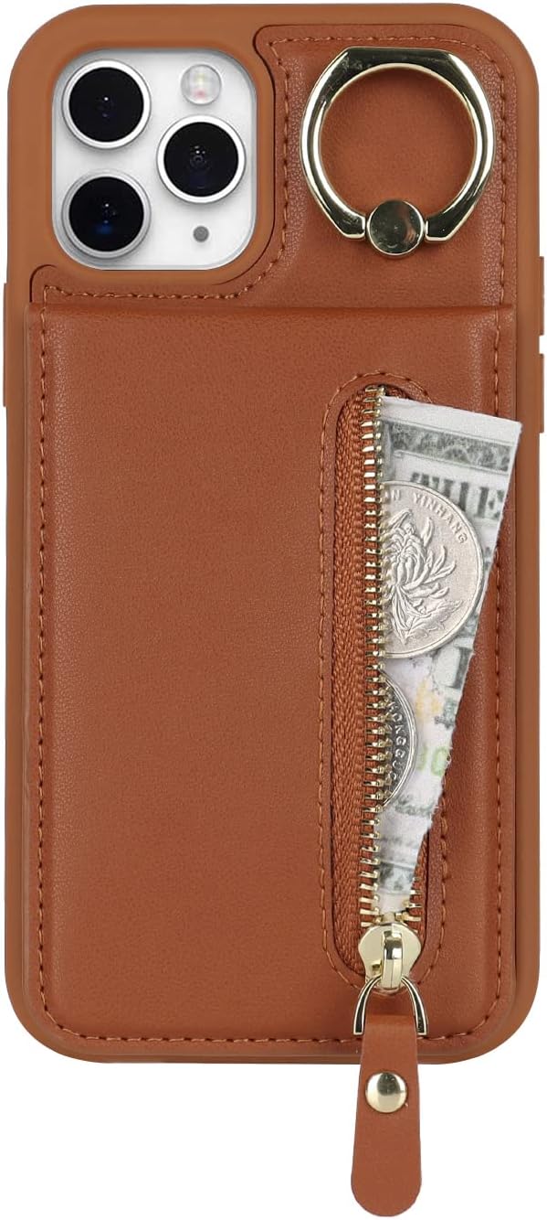 Funda para iPhone 11 Pro con tarjetero para iPhone 11 Pro, cartera con tarjeta de crédito con anillo, cierre de cremallera, a prueba de golpes,