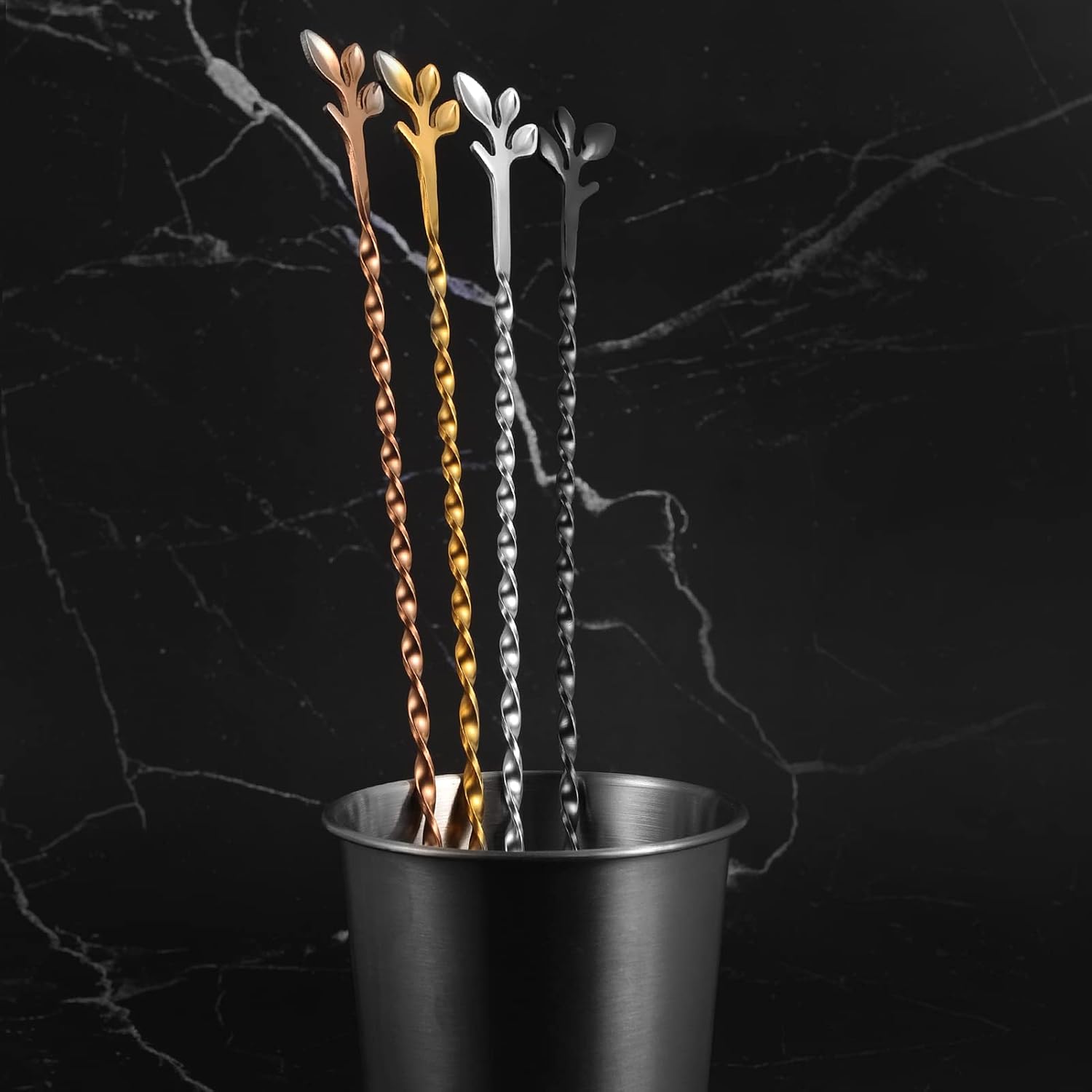 AnSaw Cuchara mezcladora de acero inoxidable de 12 pulgadas, 6 cucharas de barra con patrón en espiral dorado