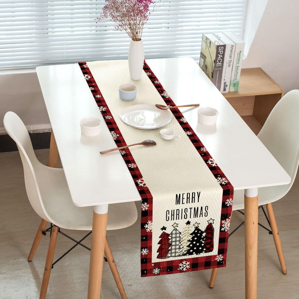 Camino de mesa de Navidad con copos de nieve de búfalo rojo y negro, decoración de mesa de comedor para interiores y exteriores, decoración de
