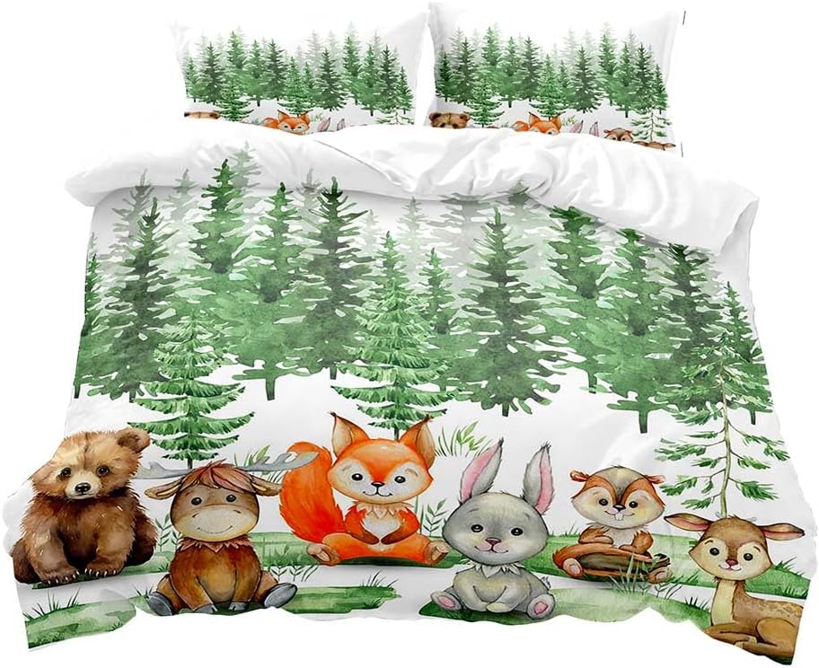 LUVIVIHOME Juego de ropa de cama de 2 piezas con diseño de oso y ciervo, alce, conejo, ardilla, zorro, funda de edredón individual, ropa de cama