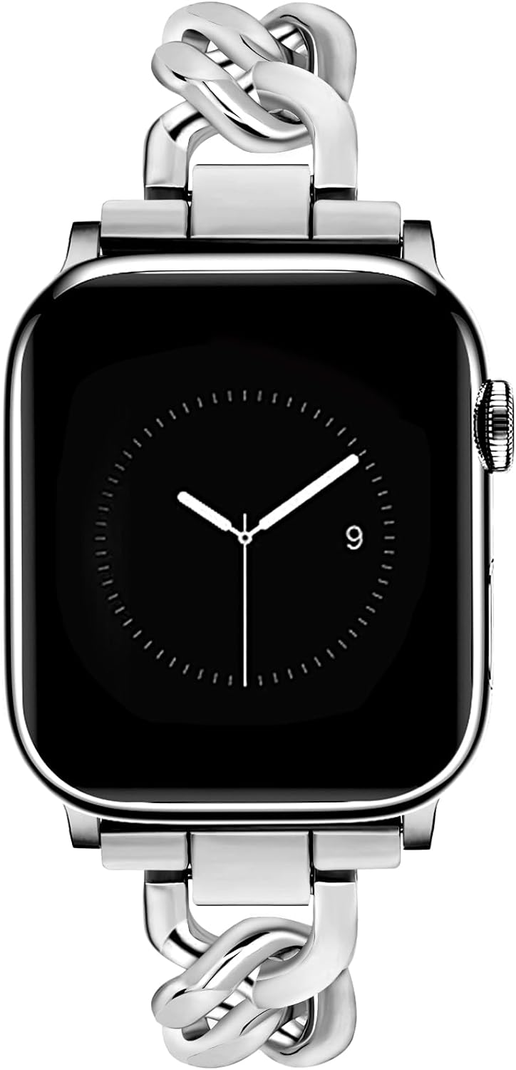 JR.DM Correas de reloj plateadas para mujer, compatibles con Apple Watch Band de 1.496 pulgadas, 1.575 pulgadas, 1.614 pulgadas, correa de metal
