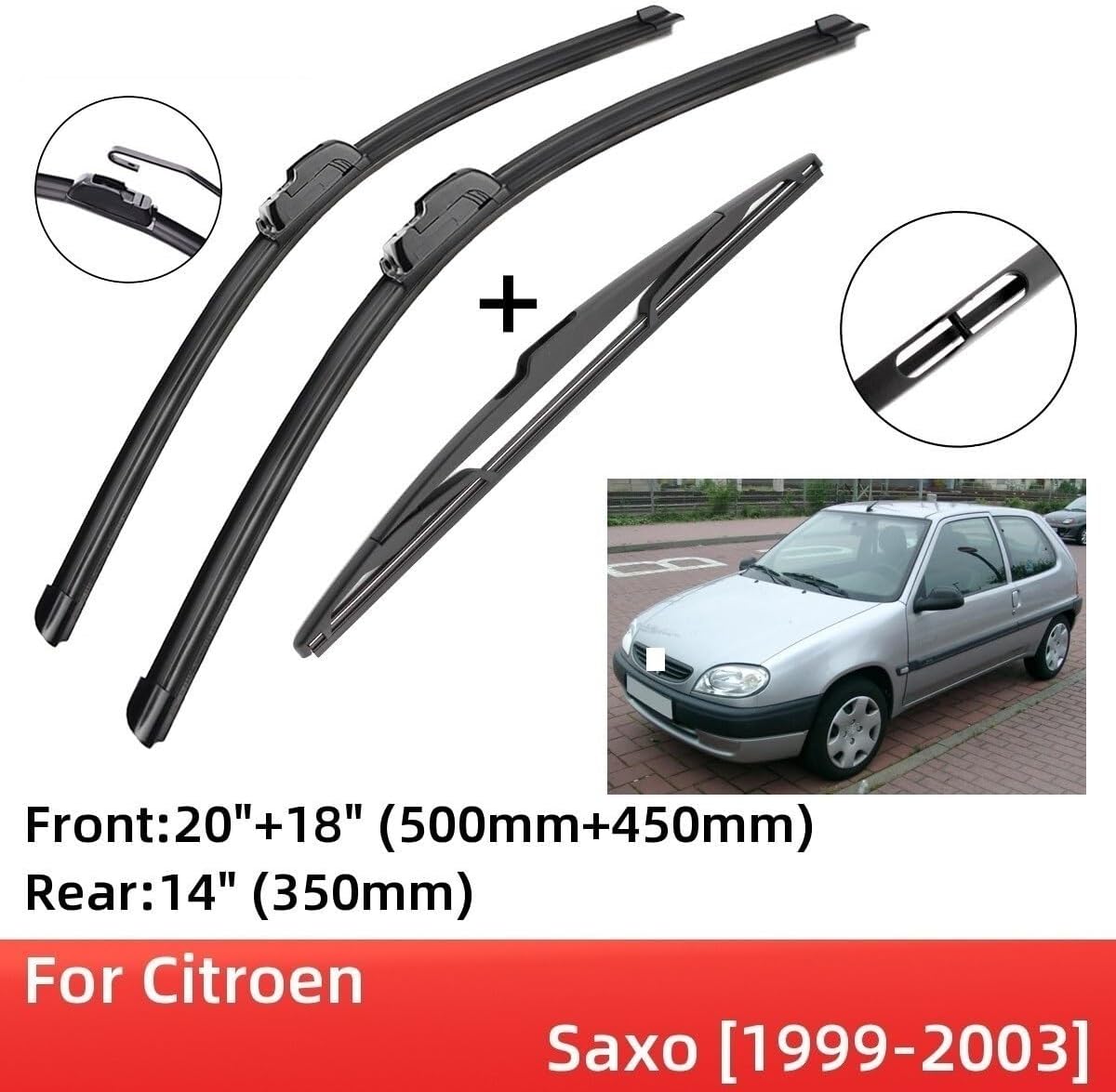 Compatible con Citroen Saxo 1999-2003 Escobillas limpiaparabrisas delanteras y traseras, accesorios de cortador, gancho J 1999 2000 2001 2002 2003