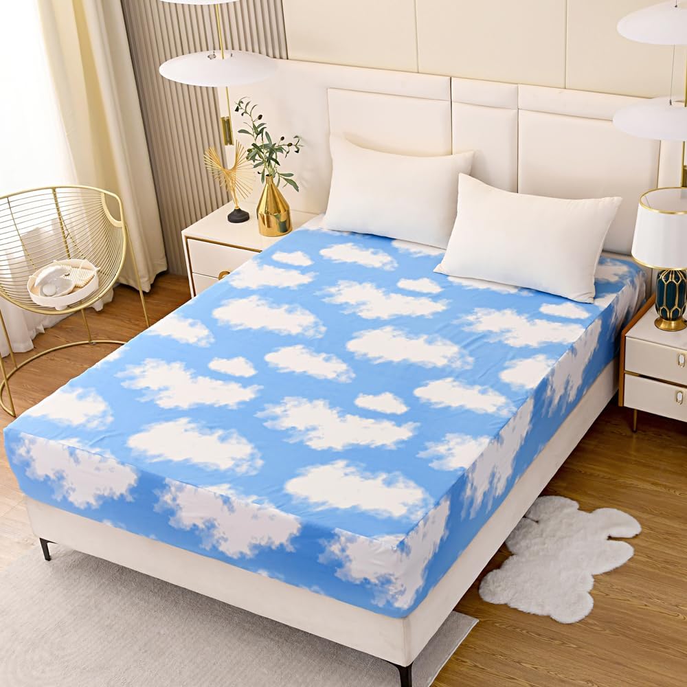 NATURETY Sábana bajera ajustable con bolsillo profundo para cama individual, sábanas de tela con estampado de nube blanca (azul cielo, individual)
