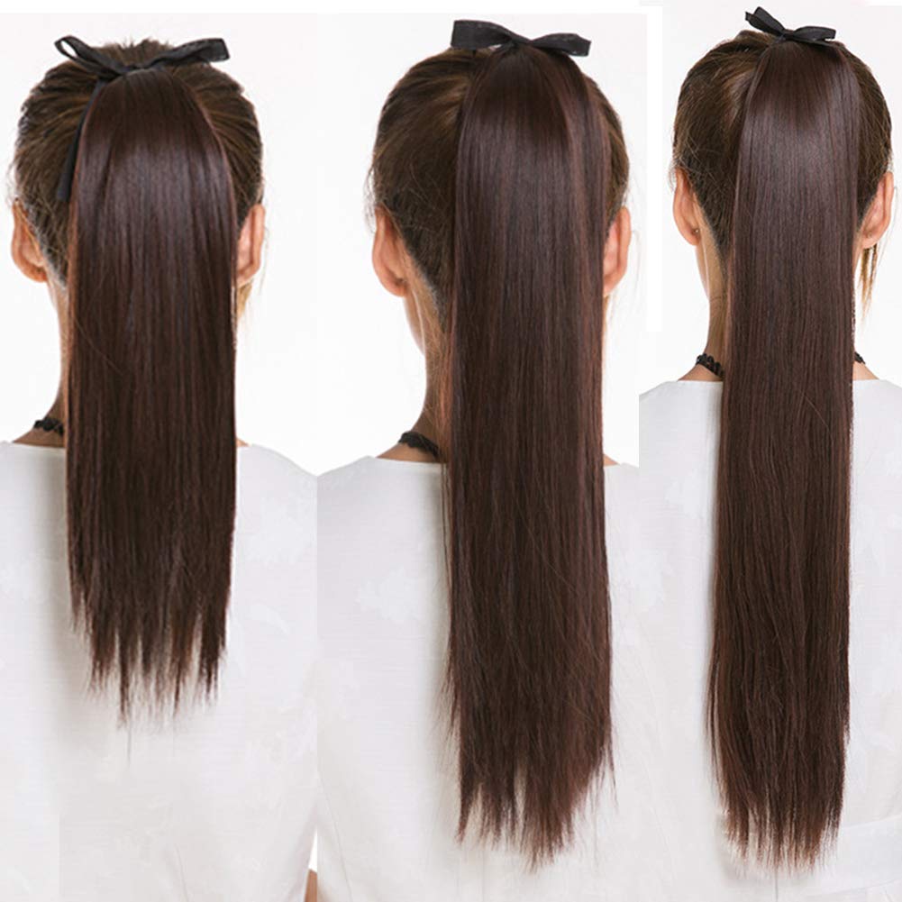 455525.6 in moda mujeres largo recto peluca cola de caballo extensión del pelo Cosplay hairpiece marrón oscuro 25.6 in